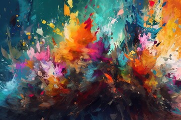 Naklejka na ściany i meble Art abstract panorama; fun; creative background texture with random paint brushstrokes in amazing multicolor - painting concept for design - in long, thin header/ banner. , Generative AI
