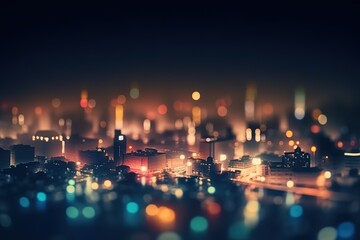 Abstract background with bokeh defocused lights and shadow from cityscape at night, vintage or retro color tone, Generative AI