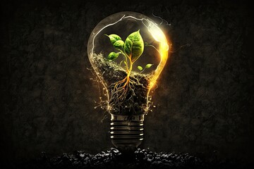 A light bulb filled with soil and a plant growing inside, symbolizing the birth of new ideas and the power of creativity. Generated by AI. - obrazy, fototapety, plakaty