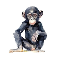 watercolor baby Bonobo isolated on transparent, ai generated