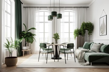 With a gray sofa, a green curtain, gray chairs, a plant, and white candles on the wooden kitchen table, the living room has a chic boho aesthetic. Modern interior design. Generative AI