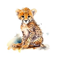 watercolor baby Cheetah isolated on transparent, ai generated