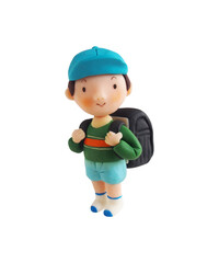 青い帽子をかぶってランドセルをしょった小学生男子（粘土立体イラスト）