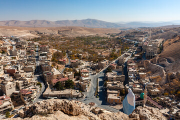 Village Maaloula in Syria with a statue of the Virgin Mary Syria before the war November 30, 2010. Maaloula is a Christian village where the language spoken by Jesus Christ has been preserved Aramaic 