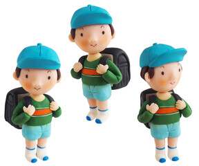 青い帽子をかぶってランドセルをしょった小学生男子、角度違い3パターン（粘土立体イラスト）