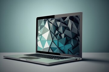A businessman using a laptop with an abstract geometric background, showcasing modern business technology. Generated by AI.