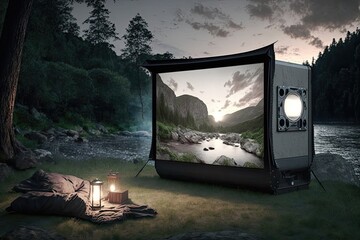 Turn your backyard into an enchanting outdoor cinema with this stunning movie screen and projector, surrounded by the beauty of nature. Generated of AI.