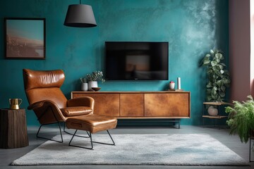 Modern living room with cabinet, brown leather armchair, coffee table, floor lamp, and fur carpet. TV on the cyan concrete wall. Generative AI