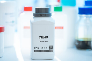 C2H4O ethylene oxide CAS 75-21-8 chemical substance in white plastic laboratory packaging