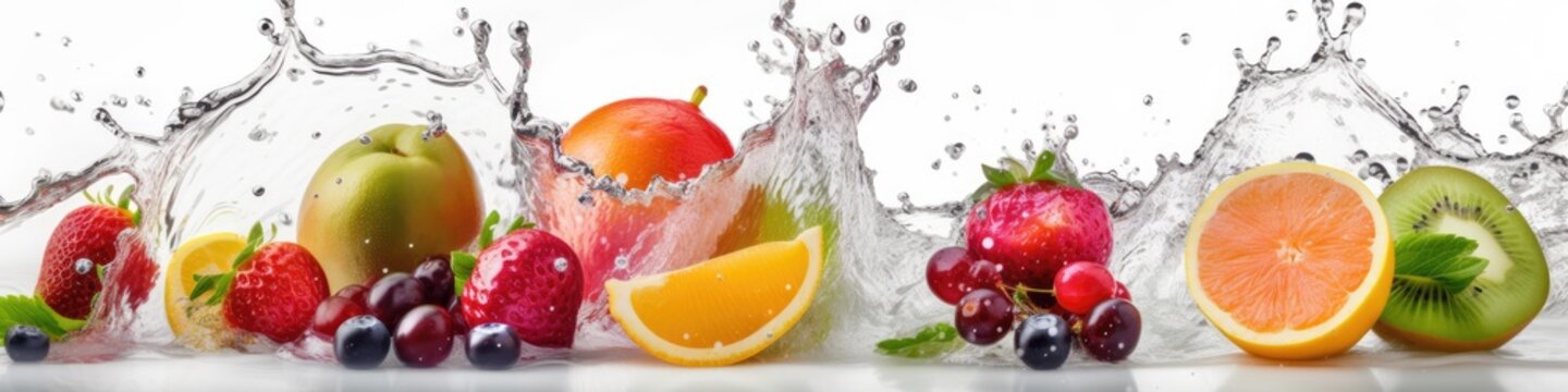Fresh fruits and water splashes on white panoramic background. Generative AI