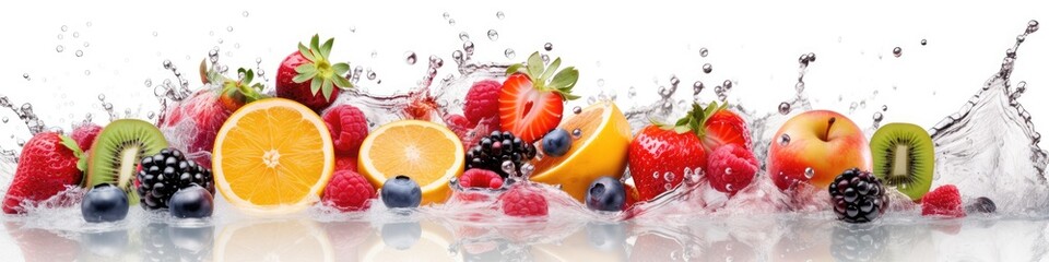 Fresh fruits and water splashes on white panoramic background. Generative AI