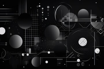 Abstract dark background. Geometric shapes, black and white minimal memphis. Digital modern tech, futuristic geometrical abstract backdrop or wallpaper vector illustration, Generative AI