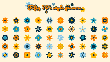 Set of cute retro 70's style florals. Flowers in blue, teal, yellow and orange. Funky design elements.