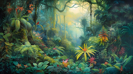 Fototapeta na wymiar dreamy fantasy deep jungle lush vegetation and flowers , generative ai