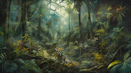 dreamy fantasy deep jungle lush vegetation and flowers , generative ai - obrazy, fototapety, plakaty