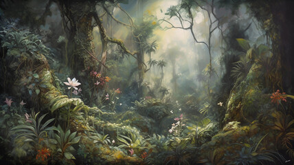 Fototapeta na wymiar dreamy fantasy deep jungle lush vegetation and flowers , generative ai
