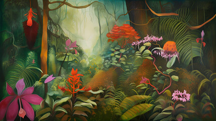 Obraz na płótnie Canvas dreamy fantasy deep jungle lush vegetation and flowers , generative ai