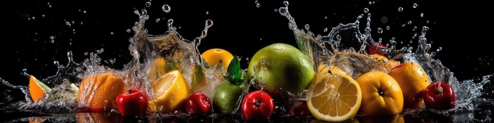 Fototapeta na wymiar Fresh fruits and water splashes on black panoramic background. Generative AI