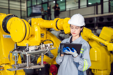 Obraz na płótnie Canvas Female engineer wearing uniform and helmets for safety, monitoring, counting report inventory and maintenance of robotic arms in factory