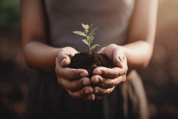 Woman holding a young plant in a pile of soil in her hand bokeh background (AI generative)