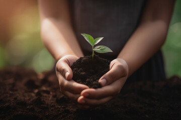 Woman holding a young plant in a pile of soil in her hand bokeh background (AI generative)