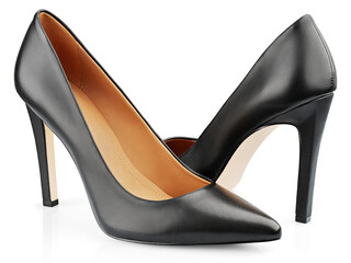 Black leather high heeled women shoes or Stilettos isolated on transparent background. Full Depth...