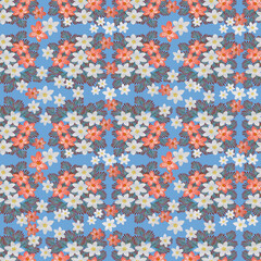 Seamless floral pattern with white and orange flowers on a blue background. Watercolor.