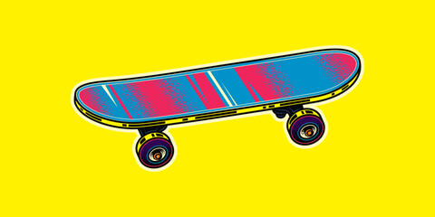 Vintage skateboard in neon style. Original vector illustration. - obrazy, fototapety, plakaty