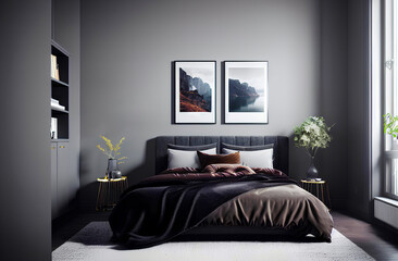 Minimalistic interior with big bed and posters on grey wall. Generative AI.