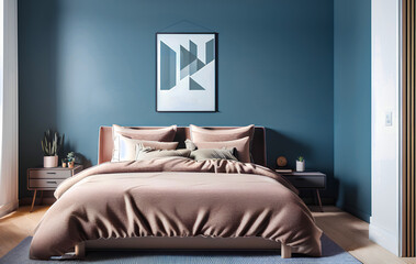 Modern interior with pink bed and posters on blue wall. Generative AI.