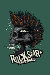 Original vector illustration in vintage style. Punk rocker skull with hairstyle. Design for T-shirt or sticker. A design element.