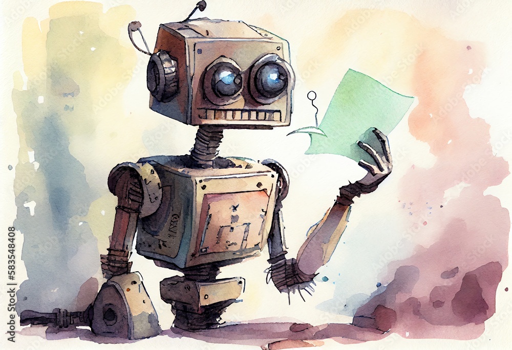 Poster watercolor illustration of a chatgpt robot learning and answering questions. generative ai