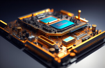 Illustration of a detailed view of a computer motherboard with labeled components created with Generative AI technology