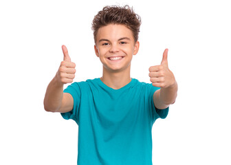 Portrait of handsome teen boy making Thumb up Gesture. Happy cute child isolated on white background. - 583548468