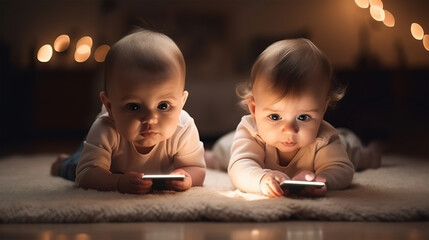 Zwei Babys spielen mit dem Handy, generative AI, AI, generative