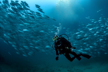 Scuba diver with a school of fish. Deep blue ocean, generative ai