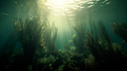 Fototapeta na wymiar Seaweed under water rays of light. Generative ai