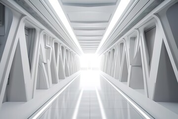 Empty Long Light Corridor. Modern white background. Futuristic Sci - Fi Triangle Tunnel. 3D Rendering, Generative AI