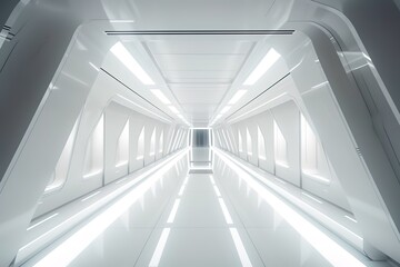 Empty Long Light Corridor. Modern white background. Futuristic Sci - Fi Triangle Tunnel. 3D Rendering, Generative AI