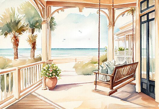 Watercolor Illustration of a Luxury House Veranda With Hanging Swing And Beach View. Generative AI