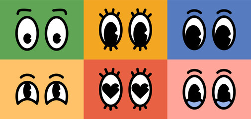 Cartoon retro character comic eyes emotions set on colored backgrounds. Vector illustration