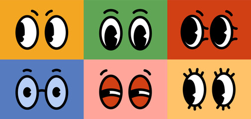 Cartoon retro character comic eyes emotions set on colored backgrounds. Vector illustration