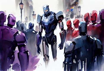 Watercolor Illustration of a Mass Production Of Humanoid Robots, Poster Or Wallpaper For Future, Movie And Technology Concepts. Generative AI