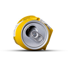 Crumpled aluminum can. Isolated on white background. Shadow. Recycling. Reuse. Beverages.