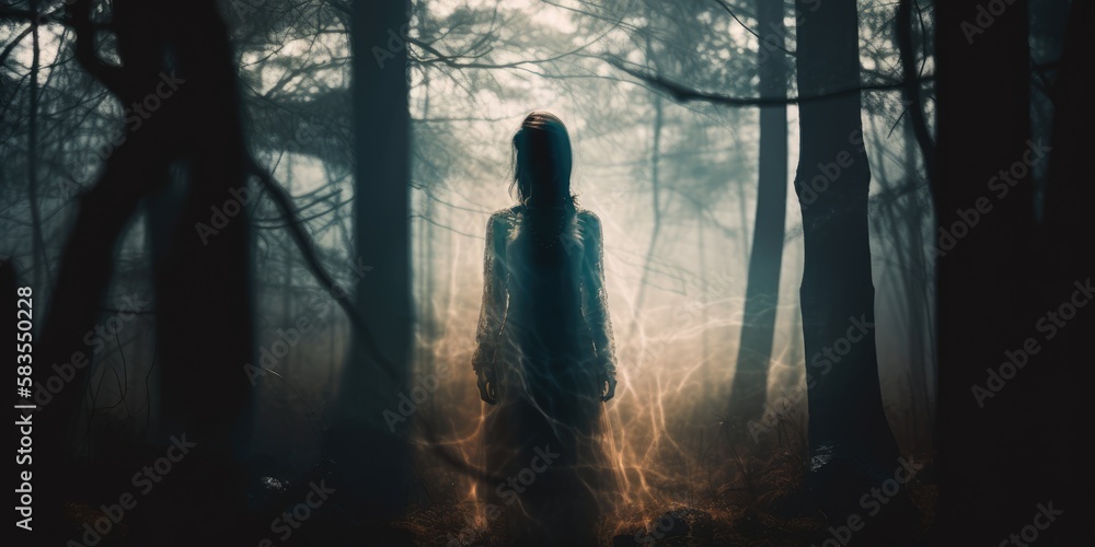Wall mural Shadow silhouette of a female spirit, paranormal haunting woodlands apparition wearing a white translucent dress, spooky ethereal ghost, lost in limbo - generative AI - Wall murals