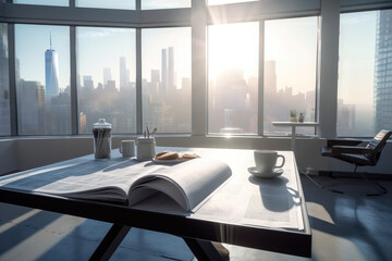 Coffee break at a modern office with a beautiful view over a big city skyline