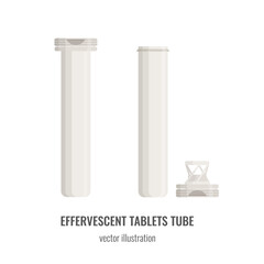  Effervescent tablets tube with closed and open cap. Medical box for vitamins, painkillers.  Flat style vector illustration