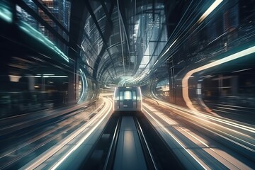 Fototapeta na wymiar Speed and Motion. Train Ride through a Tunnel in a Modern City. , Generative AI