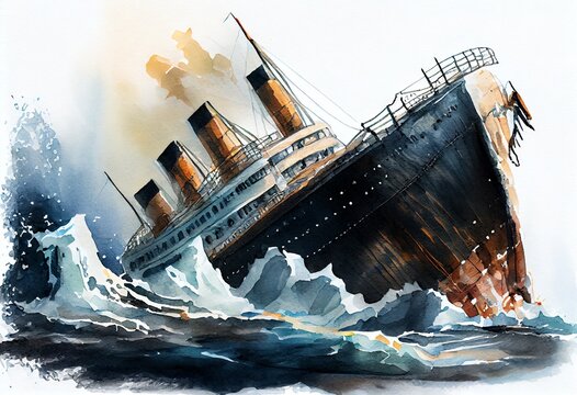 Watercolor Illustration of a Titanic Wreck As A Result Of A Collision With An Iceberg In The Atlantic Ocean. Generative AI