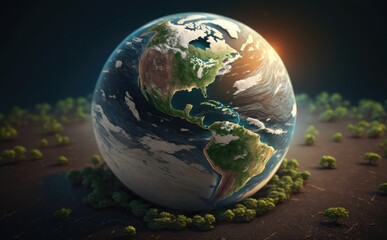 Globe in Green Forest Environment Concept with tree, nature and earth day concept background